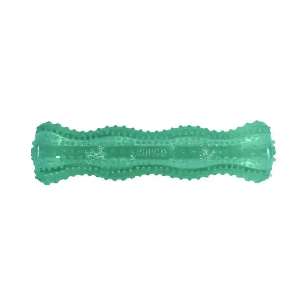 Teal translucent kong squeezz dental stick dog toy with textured nubs for chewing and dental reward