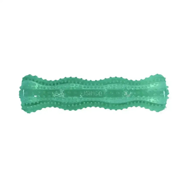 Teal translucent kong squeezz dental stick dog toy with textured nubs for chewing and dental reward