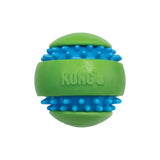 Green and blue kong squeezz goomz ball dog toy with spiky textured surface and enticing raised nubs for interactive play