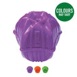 Purple plastic kong squeezz orbitz ball dog toy with textured segmented design for healthy interactive play and roll action launches