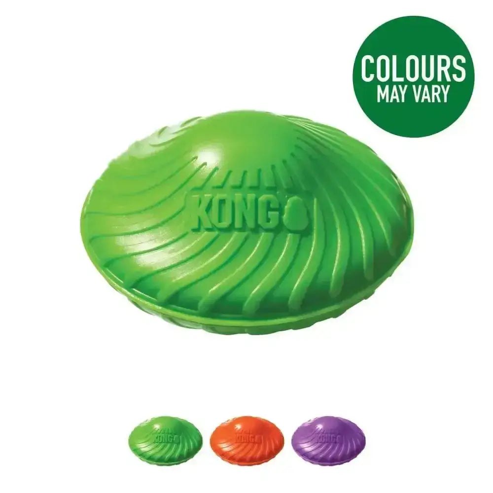 Bright green shell shaped kong squeezz orbitz saucer dog toy with textured ridges for roll action launches