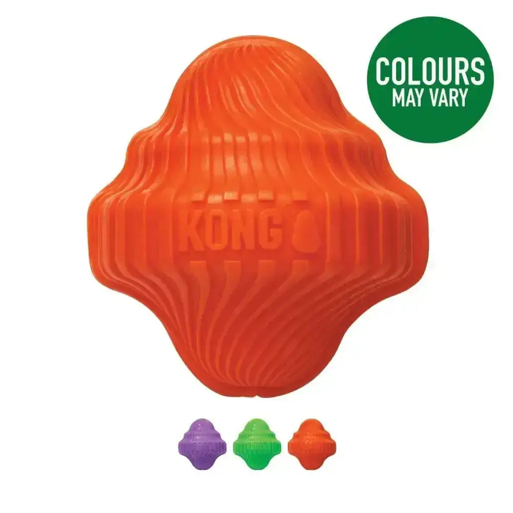 Orange kong squeezz orbitz spin top dog toy with ridged shell design and roll action launches for playtime fun