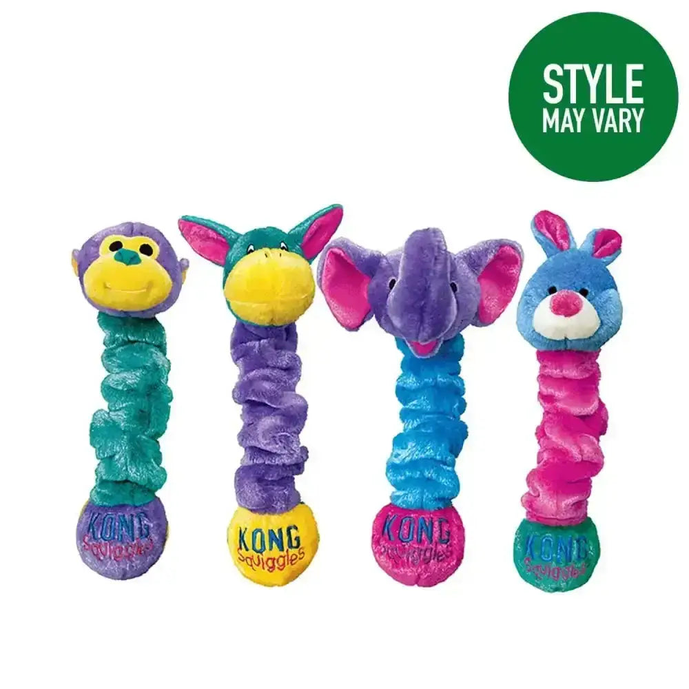 Four colorful plush kong squiggles dog toys with stretchy spiral bodies and soft animal heads in purple teal blue and pink