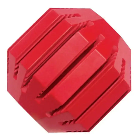 Vibrant red glossy plastic hexagonal kong stuff-a-ball with ridged grooves for dogs chewing behaviour and dog toys