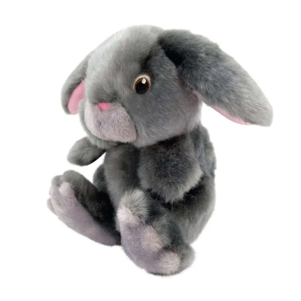 A soft gray plush kong toughz bunny with pink inner ears and nose sitting upright for durable play