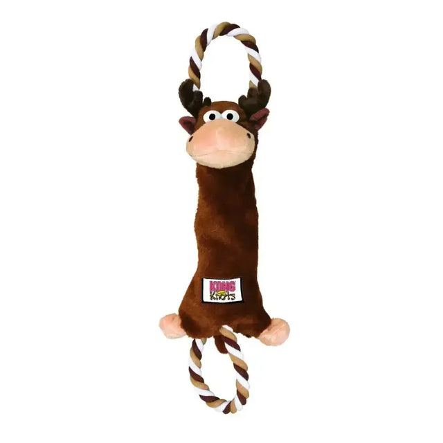 Brown plush kong tuggerknots moose dog toy with striped rope handles and interactive tug design for dogs