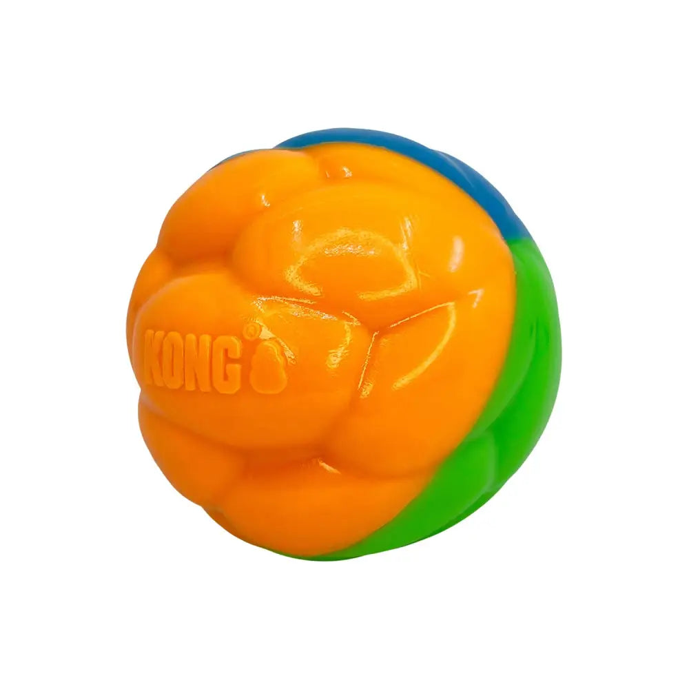 Bright orange green and blue kong twistz high-viz ball dog toy with a textured bumpy surface for fun play
