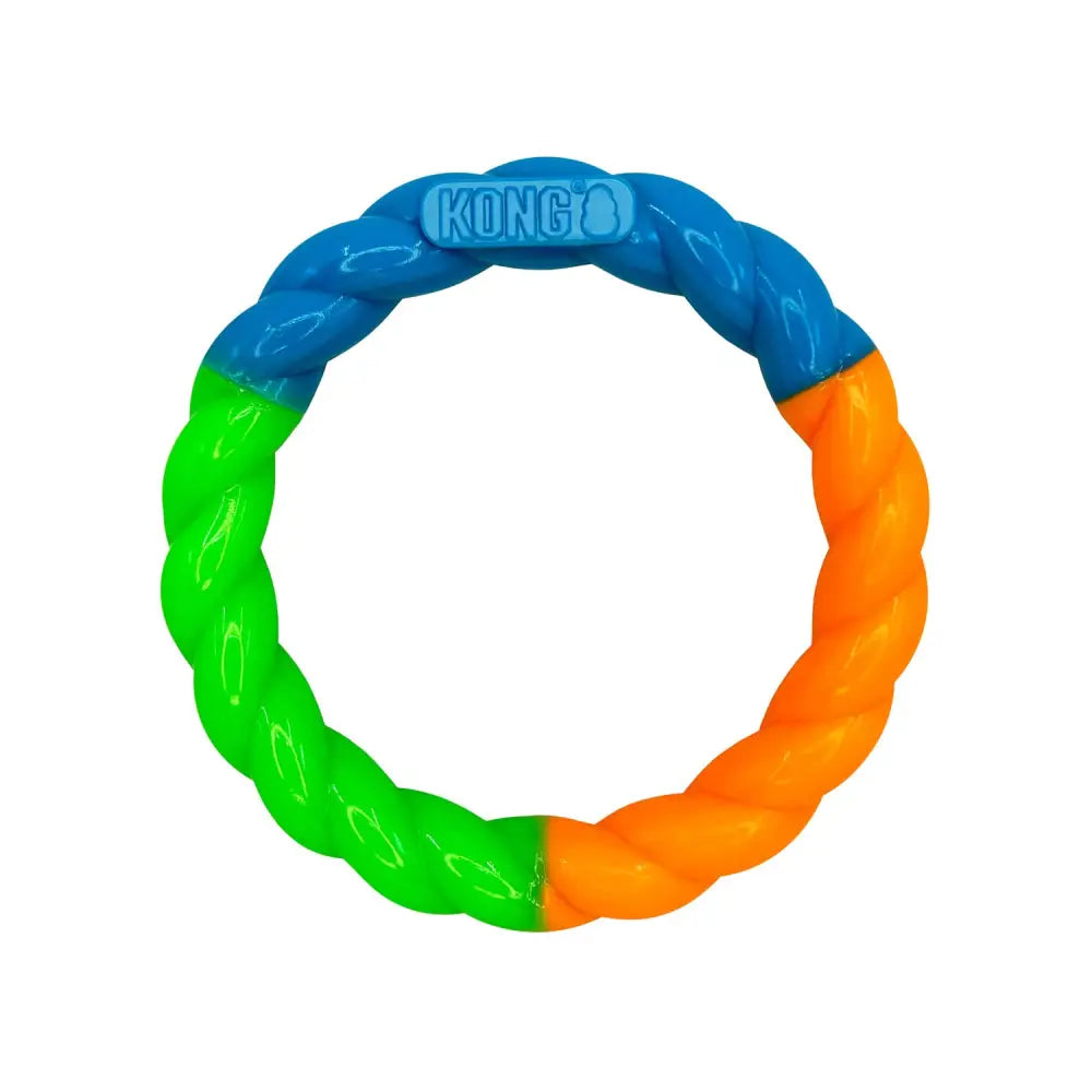 Kong twistz high-viz ring dog toy with durable twisted rope material in bright blue and orange colors