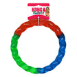 Kong twistz ring dog toy with twisted translucent design in red green and blue to satisfy tug play