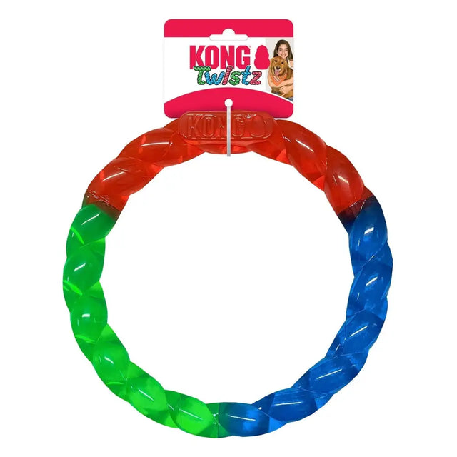 Kong twistz ring dog toy with twisted translucent design in red green and blue to satisfy tug play