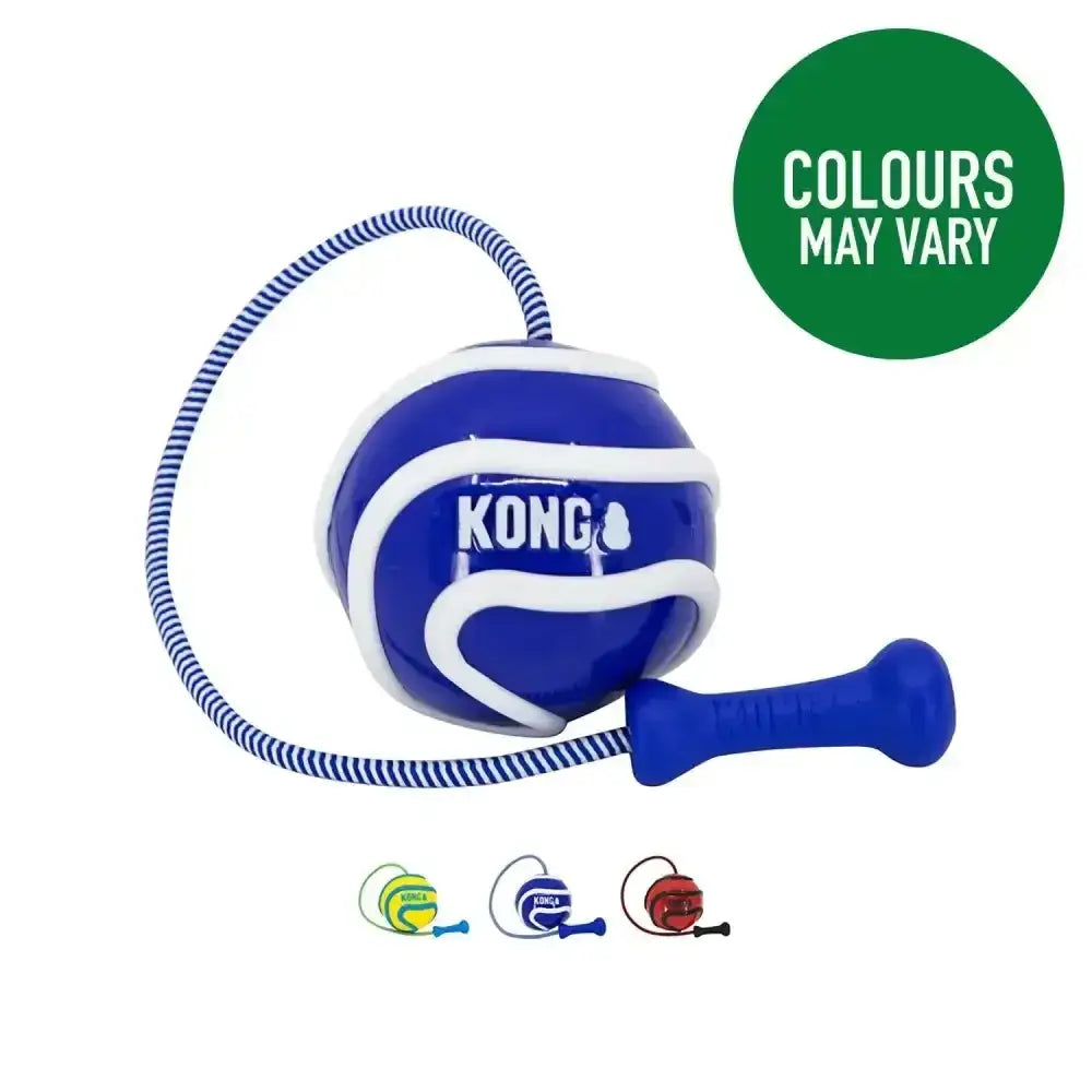 Blue and white kong wavz bunjiball dog toy with striped rope handle and bone attachment for long distance fetching