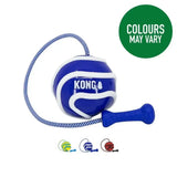 Blue and white kong wavz bunjiball tennis ball dog toy with bone attachment and rope handle for long distance fetching