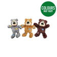 Three plush kong wild knots bear dog toys in gray tan and dark brown with embroidered faces and colorful patchwork accents