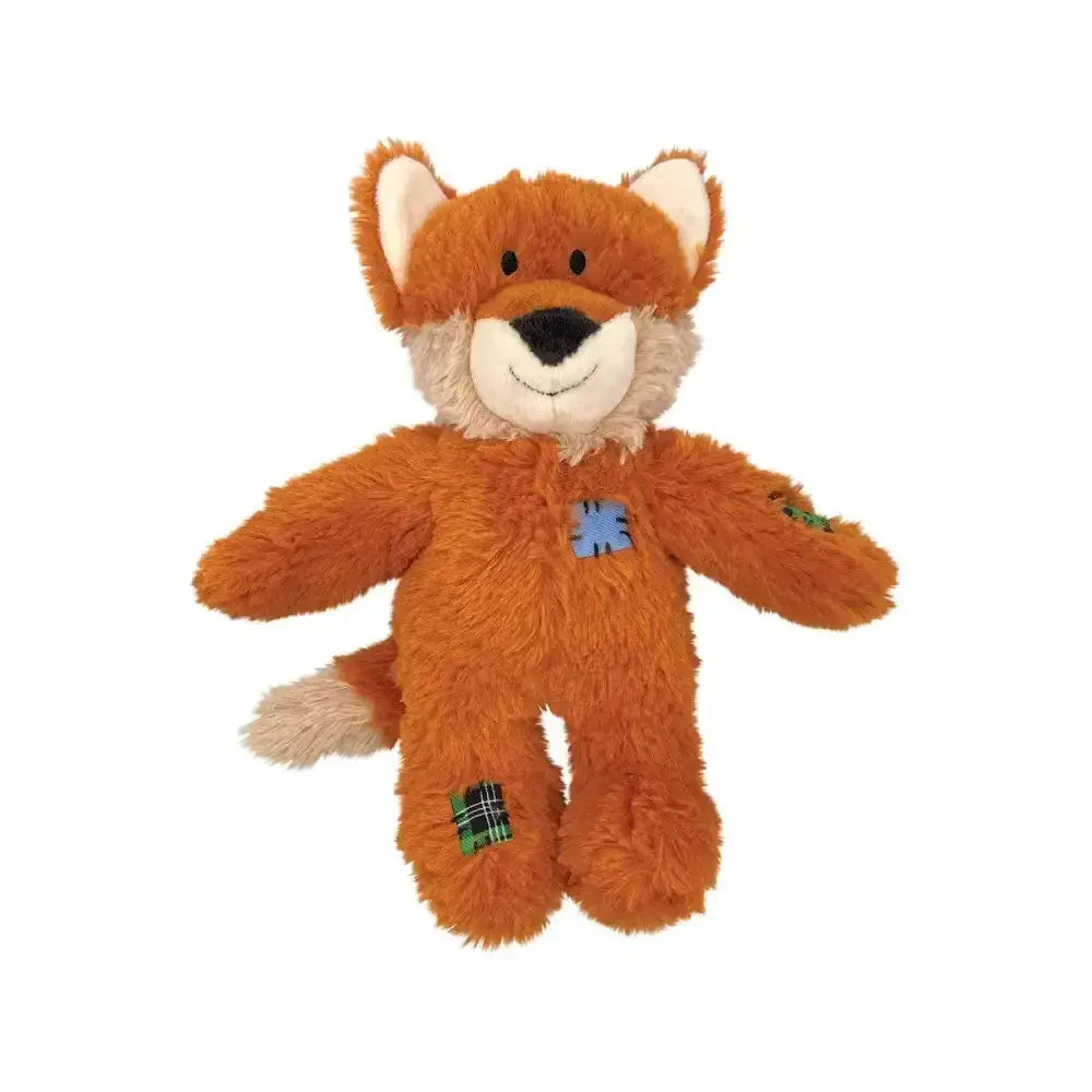 Orange plush kong wild knots fox dog toy with patchwork details satisfies dogs natural instincts with soft fabric