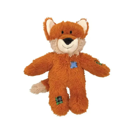 Orange plush kong wild knots fox dog toy with patchwork details satisfies dogs natural instincts with soft fabric