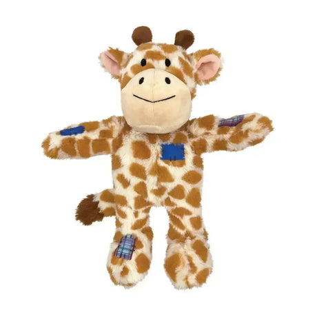 Plush kong wild knots giraffe toy with brown cream fur blue plaid patches and rope skeleton for tough play