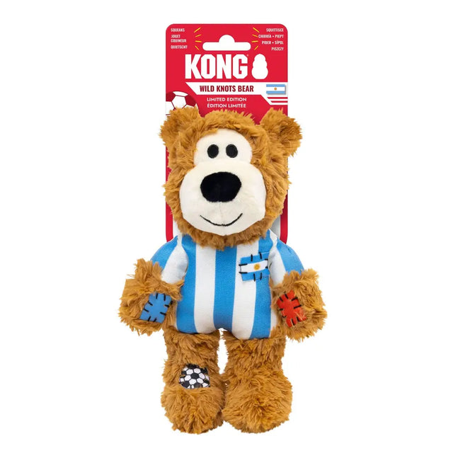 A plush brown kong wild knots sport arg bear argentina wearing a blue white striped soccer jersey with embroidered paws