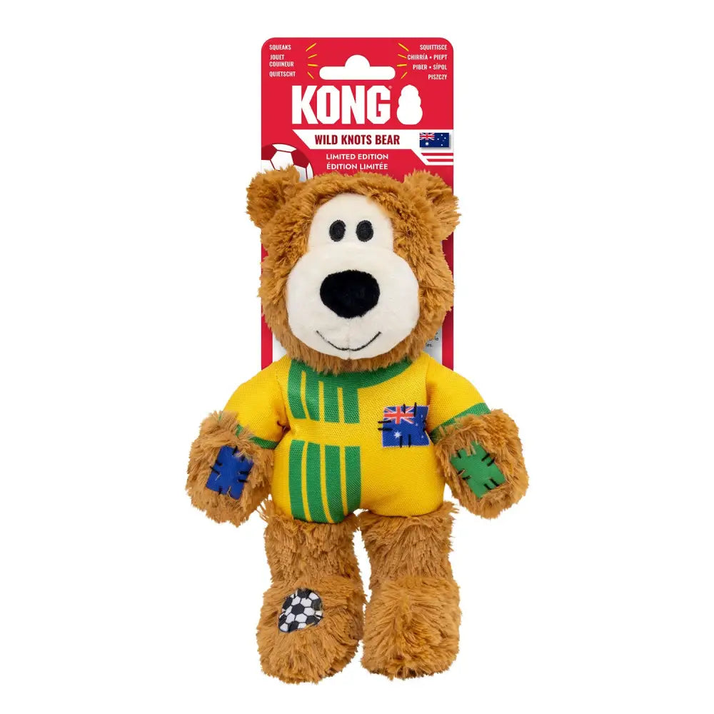 Brown kong wild knots plush bear wearing yellow green striped jersey with australian flag and soccer ball feet design
