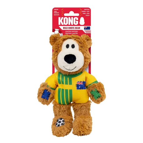 Brown kong wild knots plush bear wearing yellow green striped jersey with australian flag and soccer ball feet design