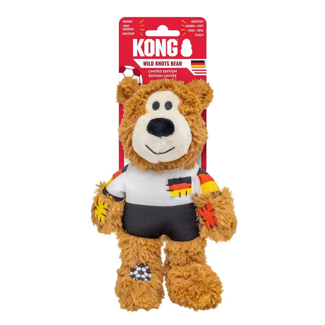 A plush brown kong wild knots sport deu bear germany with internal knotted rope wearing a german flag soccer jersey