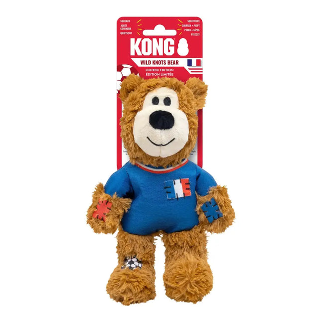 A brown kong wild knots plush bear in a blue knots sport fra jersey with internal knotted rope and french flag emblem