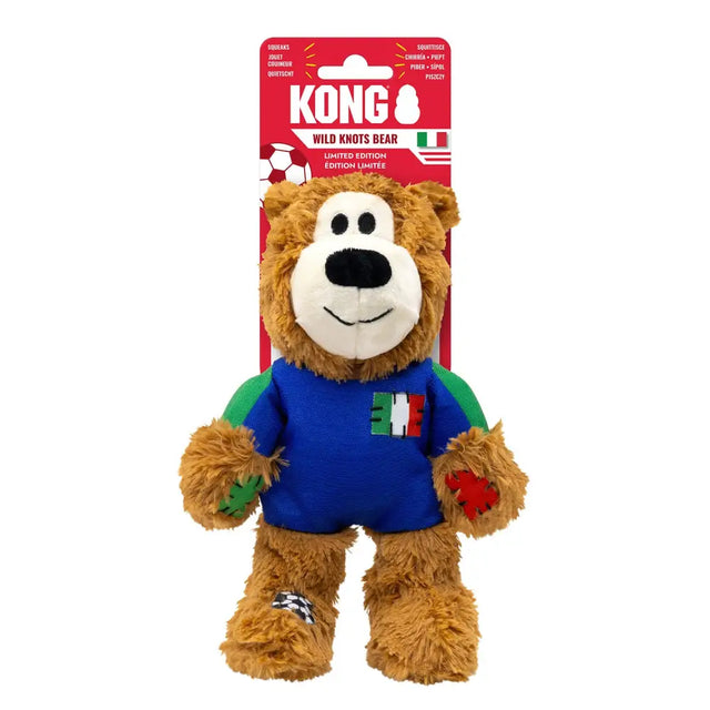 A plush brown kong wild knots sport teddy bear with internal knotted rope, wearing an italian jersey and red paw prints