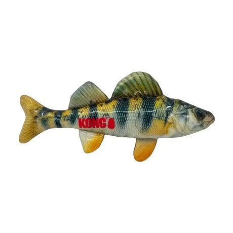 A plush yellow and green striped fish toy with a red kong logo from kong wild shieldz perch collection