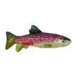 A plush kong wild shieldz trout toy with pink green body black spots yellow fins and red kong logo on its side