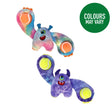 Rainbow and purple tie-dye plush kong woozles monster dog toys holding tennis balls for fetch play