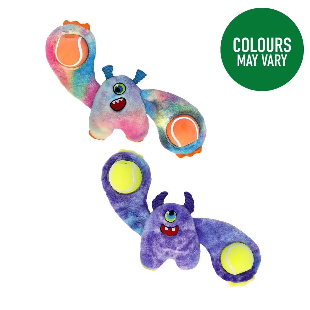 Rainbow and purple tie-dye plush kong woozles monster dog toys holding tennis balls for fetch play