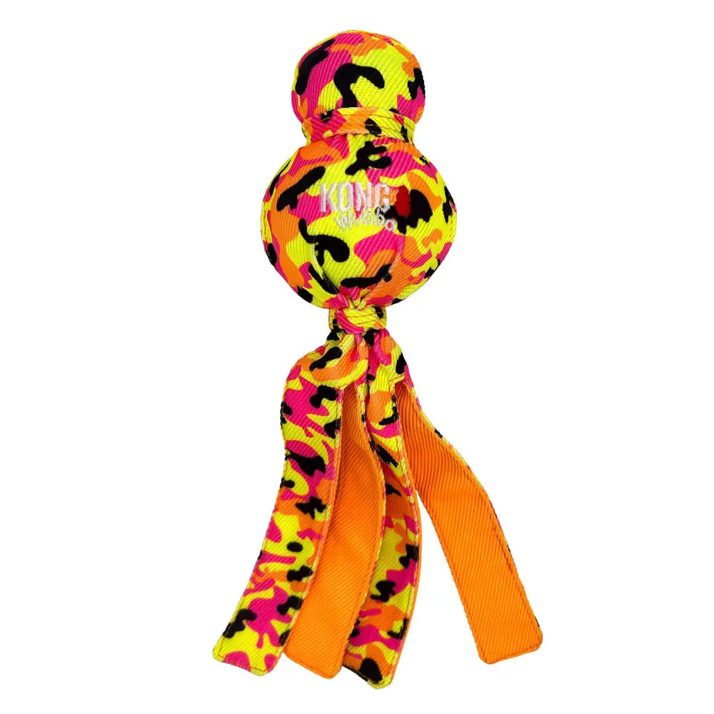 Brightly colored neon orange yellow and pink camouflage kong wubba ballistic high-viz dog toy with black splatter accents