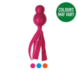 Bright pink textured rubber dog toy with fabric tentacles perfect for play from kong wubba comet line