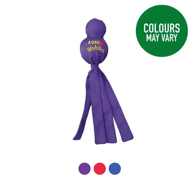 Purple woven fabric kong wubba interactive toss tug toy with knotted top and yellow embroidered logo tassels