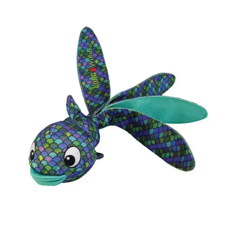 A kong wubba finz plush dragonfly toy with vibrant blue green purple scales and teal accents for satisfying natural thrashing