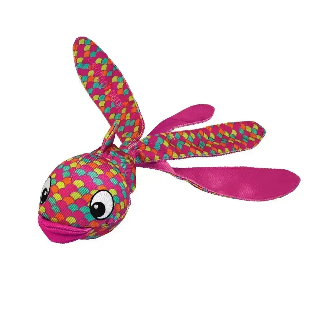 A vibrant pink kong wubba finz plush fish toy with multicolored patterns and cartoon eyes for natural thrashing instincts