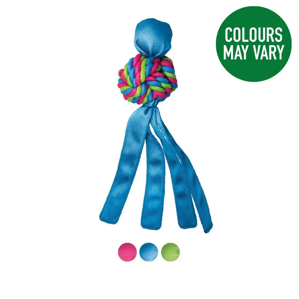 Kong wubba weaves brightly colored rope knot toy with signature nylon tails and blue satin ribbons for dogs