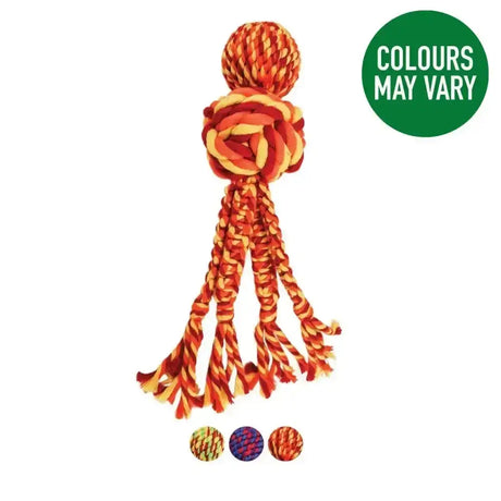 A braided orange and yellow rope dog toy with knotted top and tassels for a lasting chewing experience by kong wubba weaves