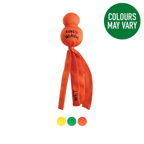 Orange kong wubba wet dog toy with textured ball and ribbons made of durable wetsuit fabric for active play