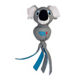 Gray koala-shaped kong wubba zoo dog toy with white ears blue eyes black nose and blue fabric strips for instinct satisfying shaking