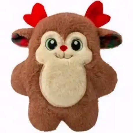 Brown plush kong xmas snuzzles reindeer toy with red antlers and cream belly snuzzles reindeer medium size