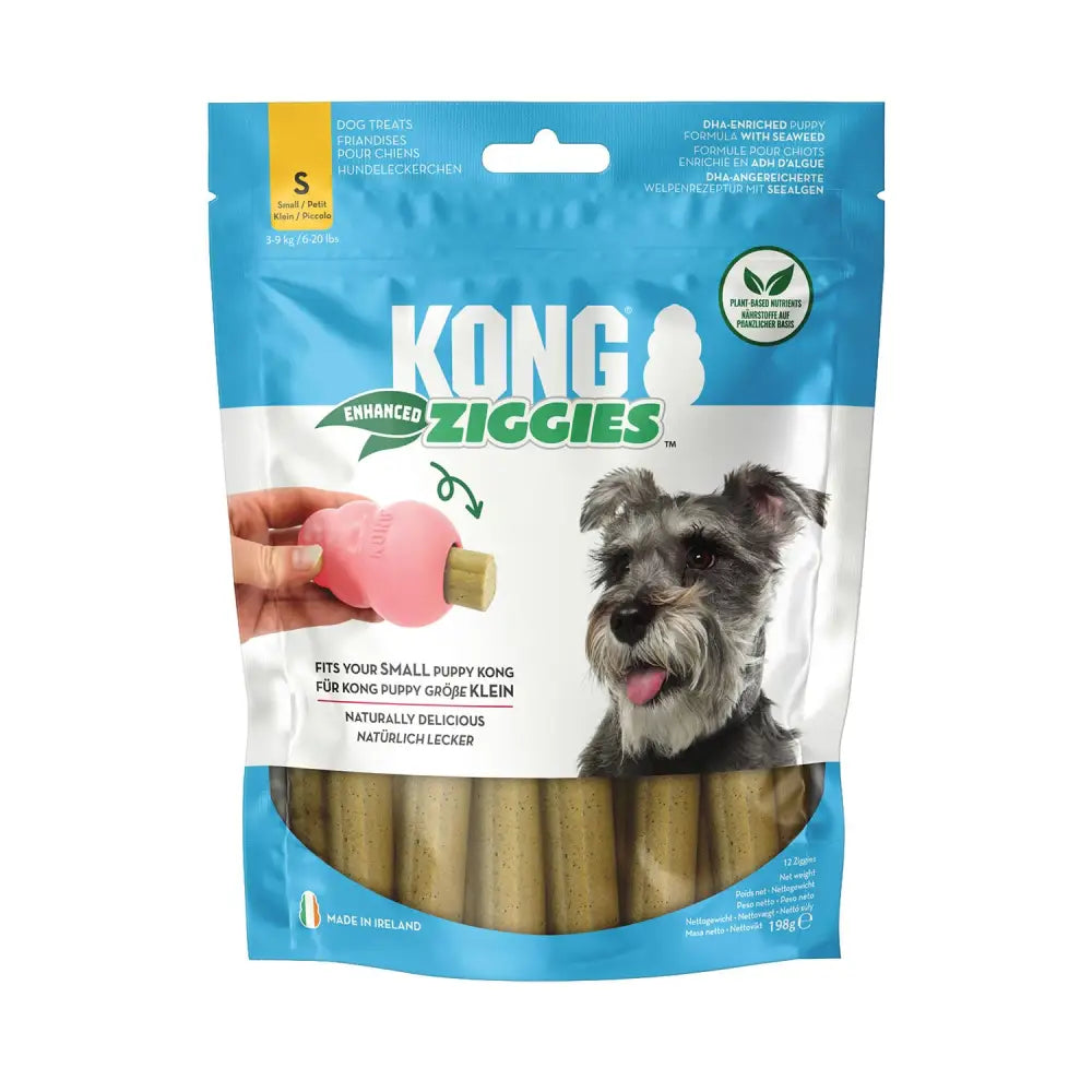 Pink and beige kong ziggies enhanced chews puppy treats in a blue package naturally delicious and fun chew