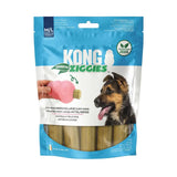 Blue package of kong ziggies enhanced chew treats in pink and beige colors naturally delicious for puppies