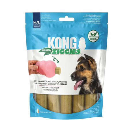 Blue package of kong ziggies enhanced chew treats in pink and beige colors naturally delicious for puppies