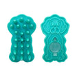Teal silicone kong zoomgroom bubbles dog grooming brush shaped like puppy with raised bumps on one side and embossed face