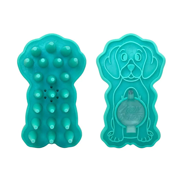 Teal silicone kong zoomgroom bubbles dog grooming brush shaped like puppy with raised bumps on one side and embossed face
