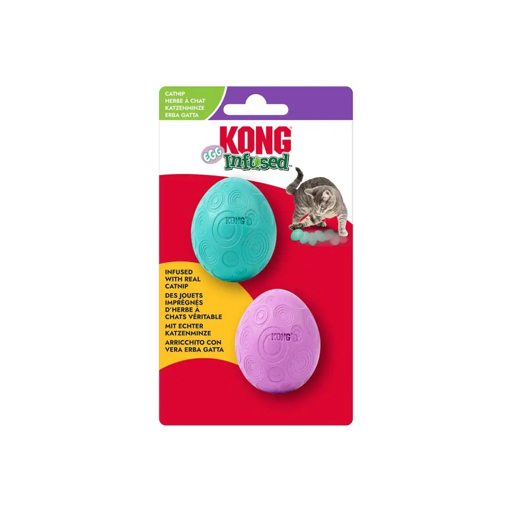Two kong infused catnip eggs in teal and purple with textured surfaces filled with north american catnip for cats