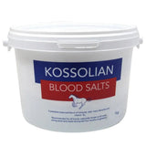 White plastic bucket of kossolian blood salts iodised minerals with a carefully balanced blend for equine health 1kg