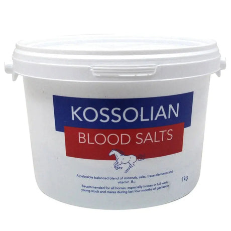 White plastic bucket of kossolian blood salts iodised minerals with a carefully balanced blend for equine health 1kg