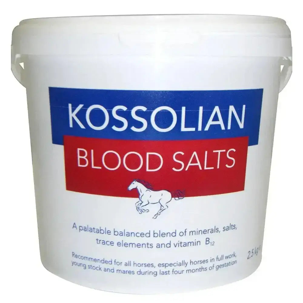 White plastic bucket of kossolian blood salts with blue red label featuring white horse and carefully balanced blend of iodised minerals