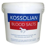 White plastic bucket of kossolian blood salts with blue red label featuring white horse and carefully balanced blend of iodised minerals